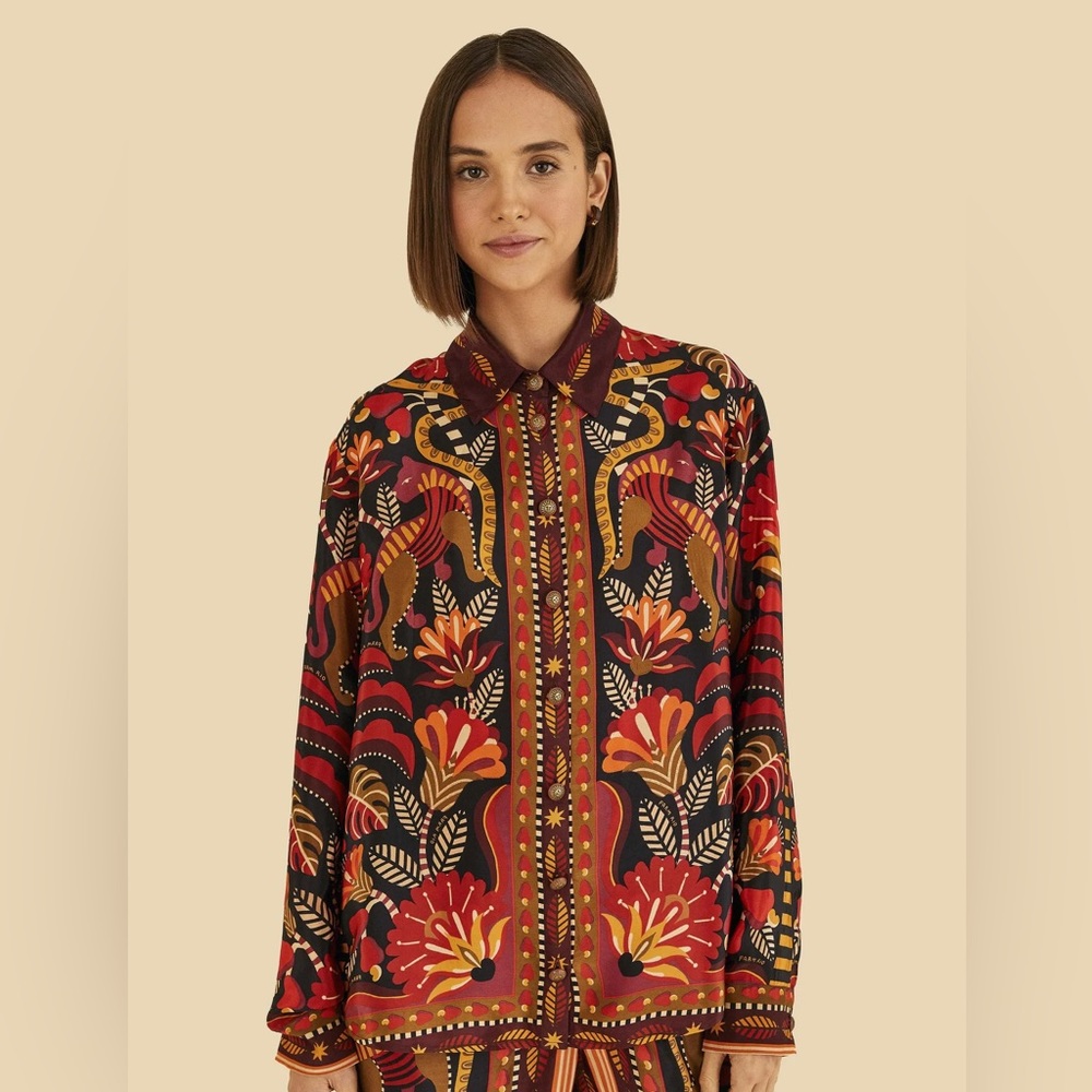 Farm Rio Red Nature Beauty Scarf Shirt NWT $148